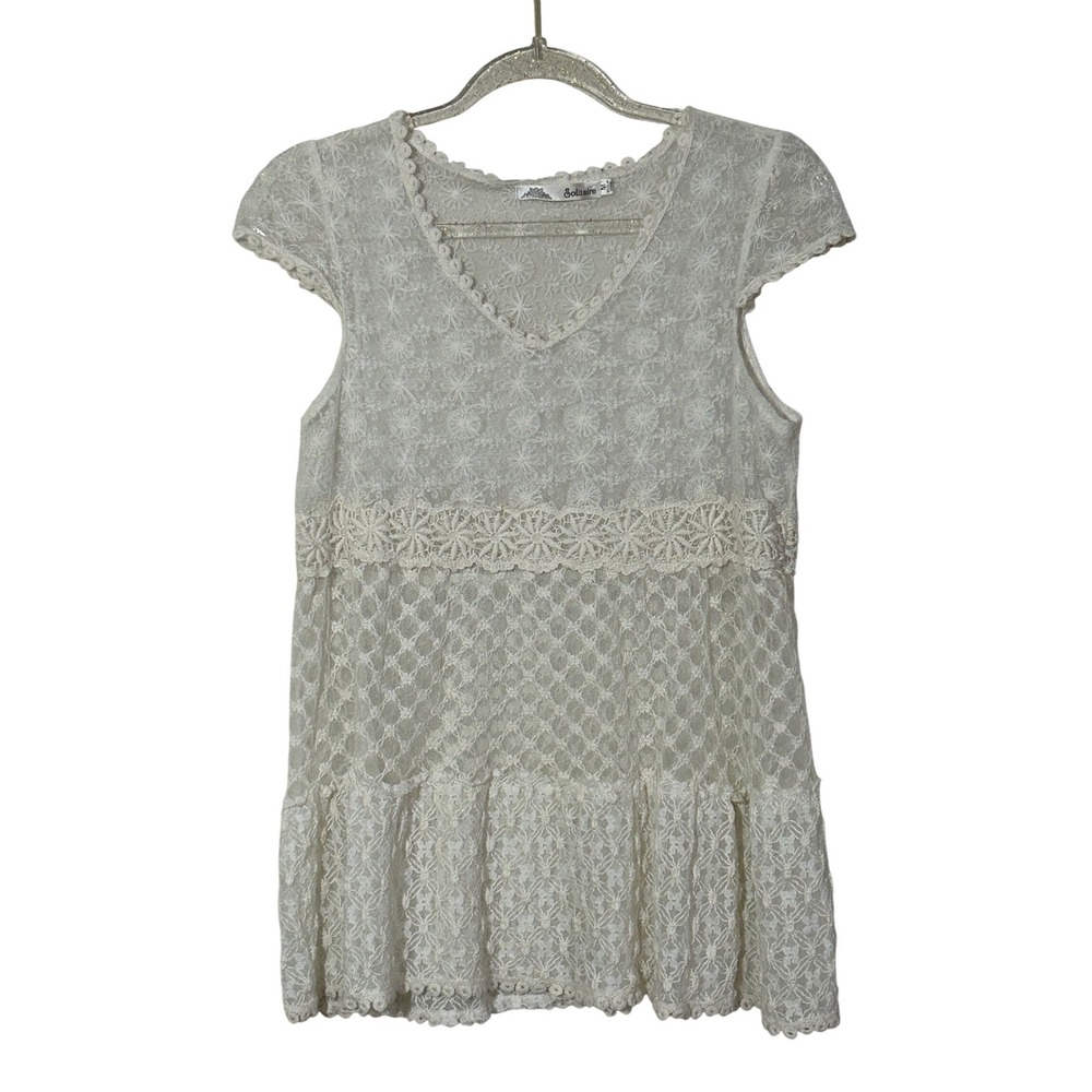 Solitaire White Floral Lace Crochet‎ Tiered V-Neck Cap Sleeve Tunic Top Womens M